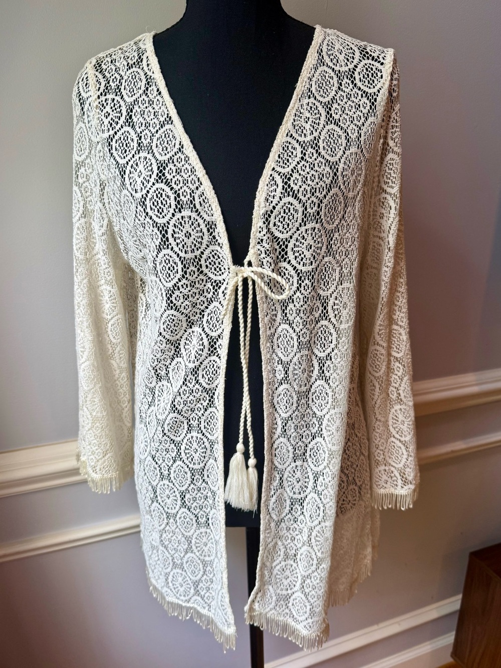Earthbound Trading Co Crochet Lace Tie Front Cardigan Embroidered Boho Size S
